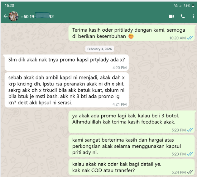 Mesej WhatsApp pelanggan Priti Lady